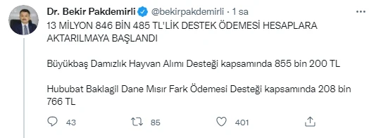 Bakan Pakdemirli açıkladı: 13.8 milyon liralık destek ödemesi başladı